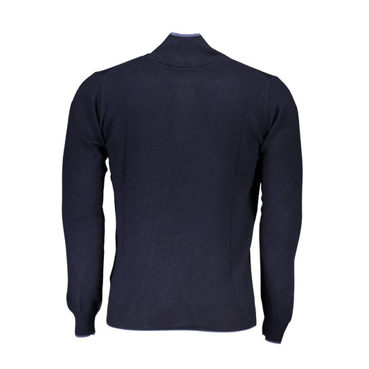 Back view of North Sails blue polyamide men's sweater showcasing its elegant turtleneck and sustainable design.