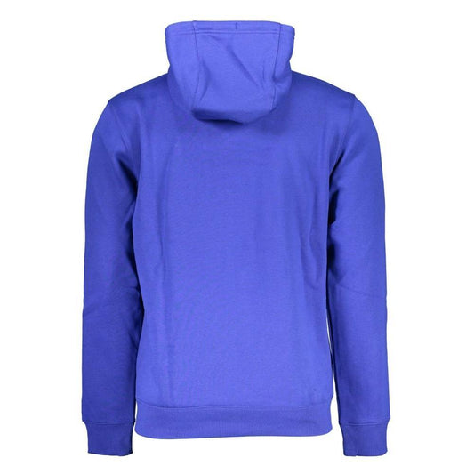 Back view of a Tommy Hilfiger blue cotton men's sweatshirt with hood, showcasing modern design and comfortable fit.
