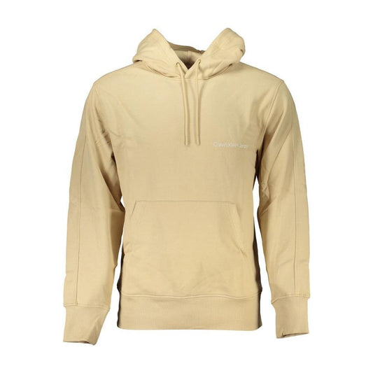 Calvin Klein beige brushed cotton hooded sweatshirt with central pocket and logo print, perfect for casual or home wear.