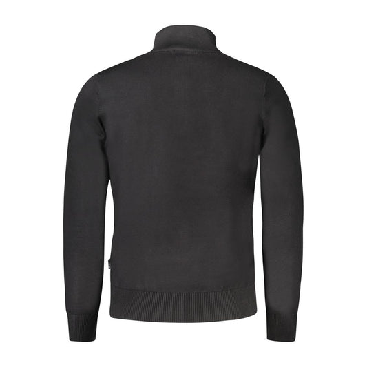 Back view of Coveri Moving black viscose men's sweater with long sleeves and ribbed detailing on cuffs and hem, showcasing a sleek modern style.