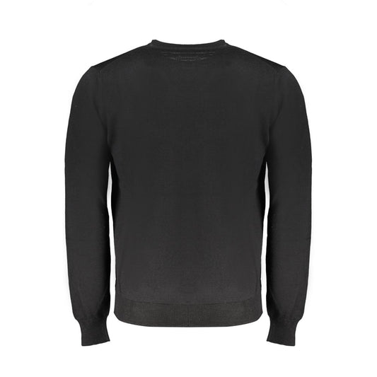 Alt Tag: Back view of Harmont & Blaine black wool sweater, long-sleeved, crew neck, featuring embroidered logo.
