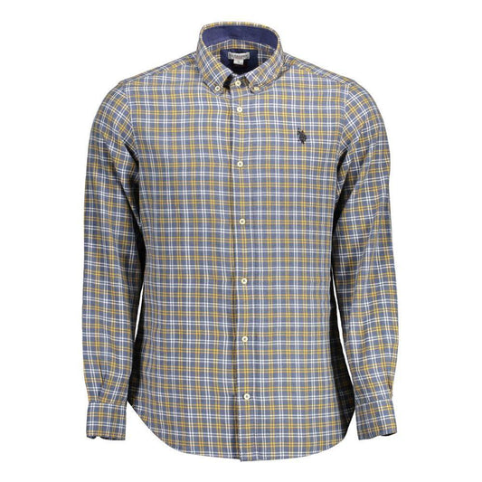 U.S. POLO ASSN. blue checkered cotton men's shirt with logo, slim fit, button-down collar, and long sleeves.
