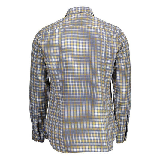 Back view of a men's plaid shirt with long sleeves, featuring blue and yellow checks, button-down collar, and cuffs.