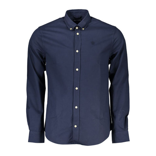 North Sails Blue Cotton Men Shirt with button-down collar; eco-friendly long-sleeve design featuring embroidered logo and recycled fibers.