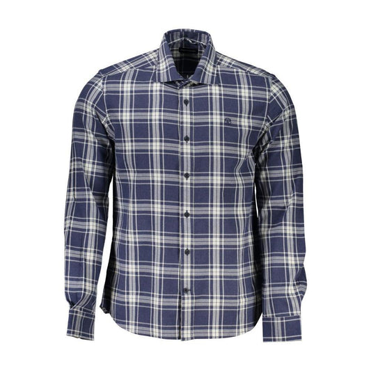 North Sails blue checkered men's cotton shirt with French collar and 1 button cuffs, featuring embroidered logo and sustainable style.