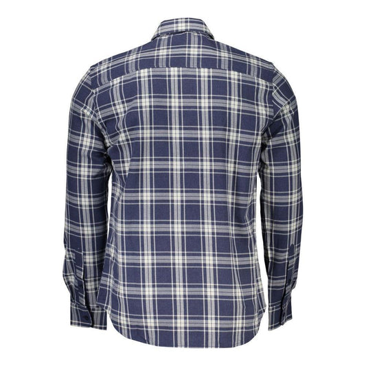 Back view of North Sails Blue Cotton Checkered Long Sleeve Men's Shirt with French collar and contrast details