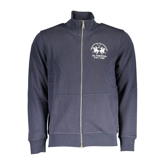 La Martina blue cotton men’s sweater with sleek embroidery, zip closure, dual pockets, and logo detail for casual luxury.