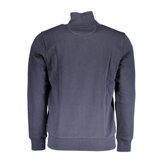 Back view of La Martina Blue Cotton Men's Sweater with embroidery, zipper, and central pockets, designed for modern style and comfort.