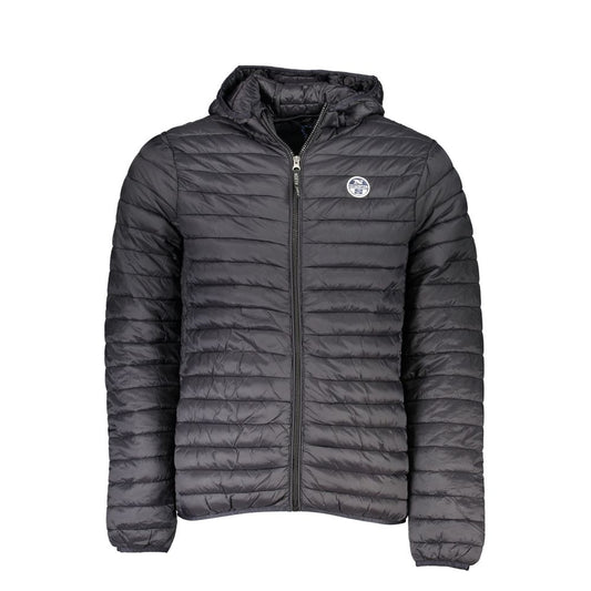 North Sails black polyamide men's jacket with hood and zip, showcasing the logo; perfect blend of style and functionality.