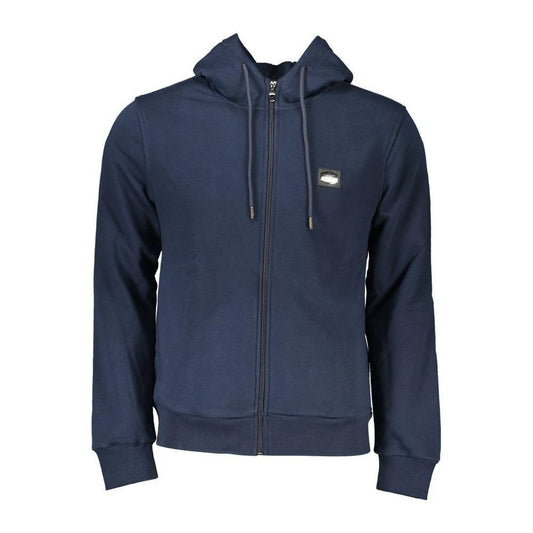 Cavalli Class blue cotton men’s hoodie, featuring embroidered logo, regular fit, and zip front design for casual elegance.