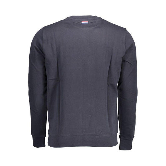Back view of U.S. POLO ASSN. blue cotton men’s sweater showcasing long sleeves and elegant design.