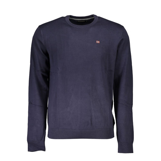Napapijri blue cotton men’s sweater, long-sleeved with crew neck and embroidery logo, offering luxury and comfort.