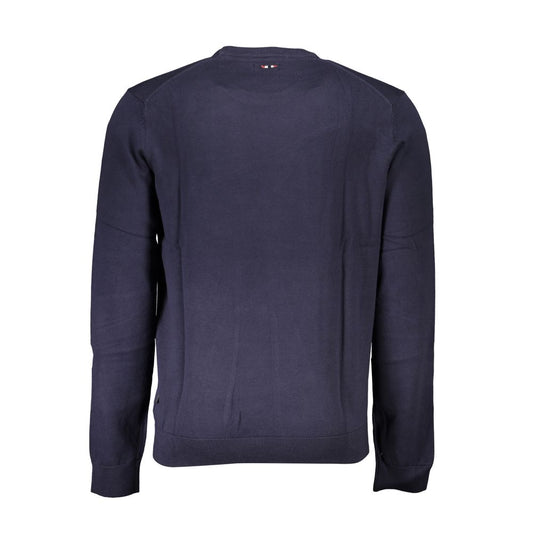 Back view of Napapijri blue men's cotton sweater, showing long sleeves and crew neck design.
