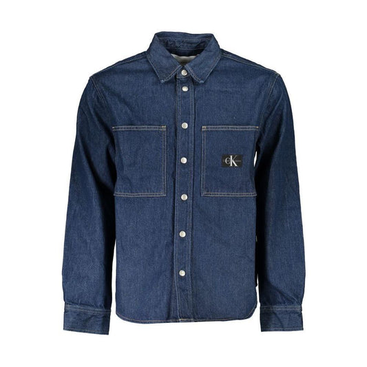 Calvin Klein Classic Blue Cotton Denim Jacket with front pockets and sleek fastenings, featuring signature logo; timeless men's fashion.