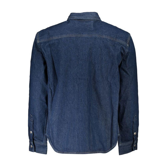 Back view of Calvin Klein Classic Blue Cotton Denim Jacket showcasing regular fit and buttoned cuffs.