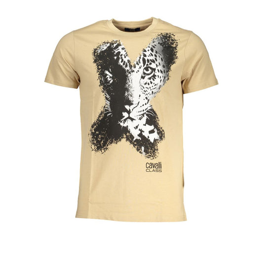 Cavalli Class Beige Cotton T-Shirt with Leopard Print, Short Sleeves, Crew Neck, Logo Design, Fashionable Casual Wear for Men