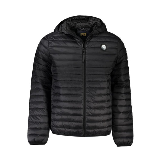 Cavalli Class black polyamide men's jacket with hood, zip closure, and button pockets, perfect for luxury style and cool days.