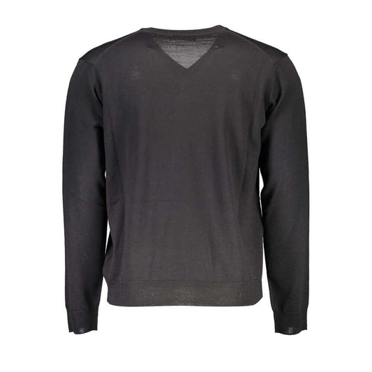 Romeo Gigli black wool men's sweater, V-neck, long sleeves, Italian craftsmanship, luxury blend of wool and acrylic, back view