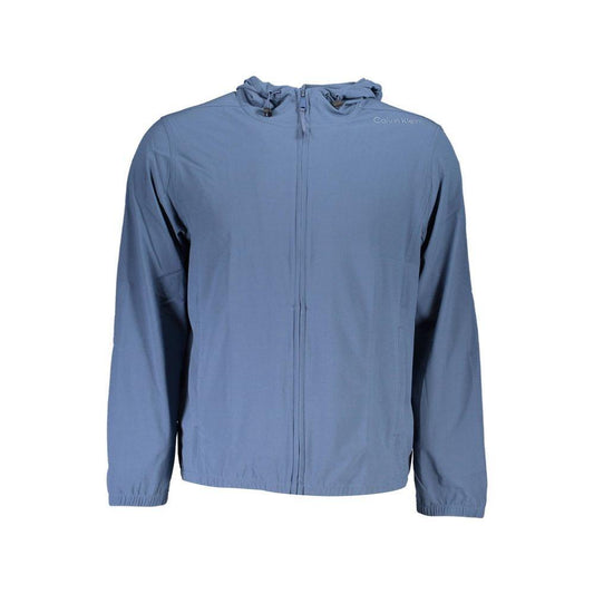 Calvin Klein blue polyester men's sweater with hood, breathable and moisture-wicking fabric, full zip closure, elastic waist and cuffs