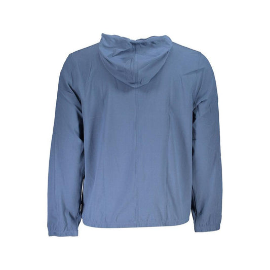 Back view of Calvin Klein blue polyester men's sweater with hood and elastic cuffs, perfect for active wear.