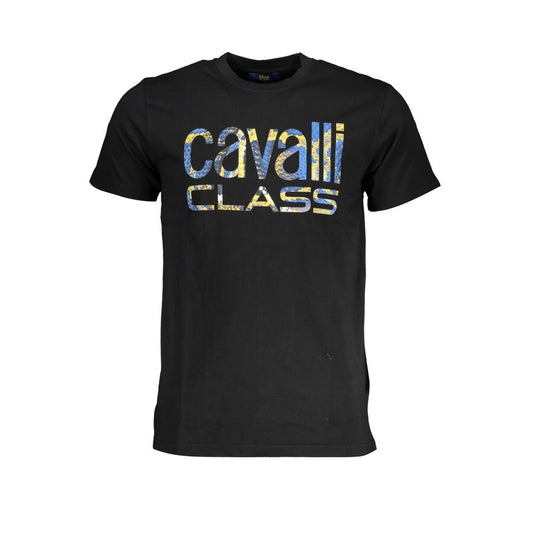 Cavalli Class black cotton t-shirt with a printed logo, short sleeves, and crew neck design, perfect for casual wear.