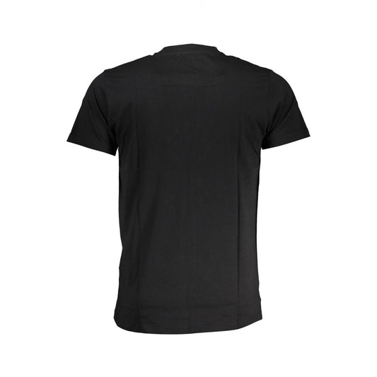 Back view of Cavalli Class black cotton T-shirt with short sleeves and crew neck, featuring logo print