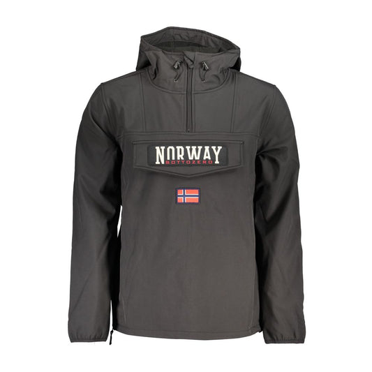 Men's Norway 1963 sleek black soft shell hooded jacket with half zip, side zip, and large central pocket featuring zip and Velcro closures.