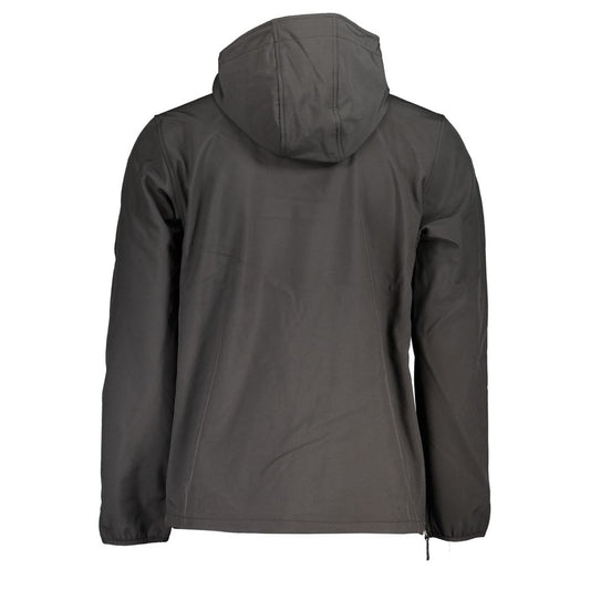 Back view of the Norway 1963 black soft shell hooded jacket for men, featuring long sleeves and convenient side zippers for style and utility.