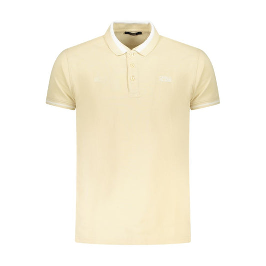 Cavalli Class Beige Cotton Men Polo Shirt with short sleeves and three-button placket, featuring signature embroidery for a luxury look.