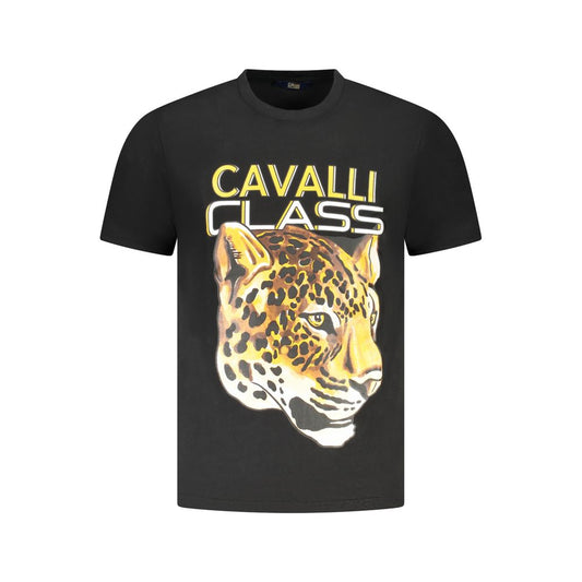 Cavalli Class black cotton men's T-shirt with leopard print and bold logo, short sleeves, crew neck, designer casual luxury fashion