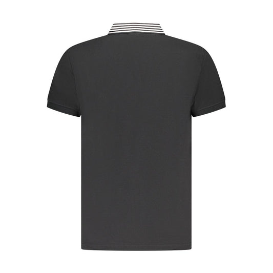 Back view of Cavalli Class black cotton men's polo shirt with striped collar.