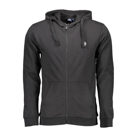 Sergio Tacchini black cotton men's hooded sweatshirt with zip closure and front pockets, featuring bold embroidery and iconic logo.