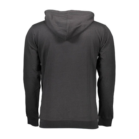 Back view of Sergio Tacchini black cotton men’s hooded sweater with long sleeves and central pockets.