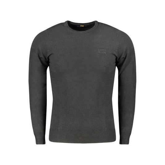 Cavalli Class Black Viscose Men's Sweater with embroidered logo, long sleeves, crew neck, luxurious and trendy design.