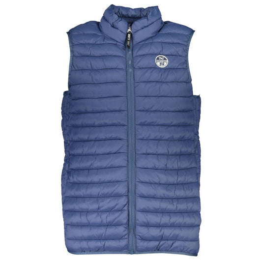 North Sails blue polyamide men's sleeveless jacket with logo, featuring a zip closure and multiple pockets for a sporty look.