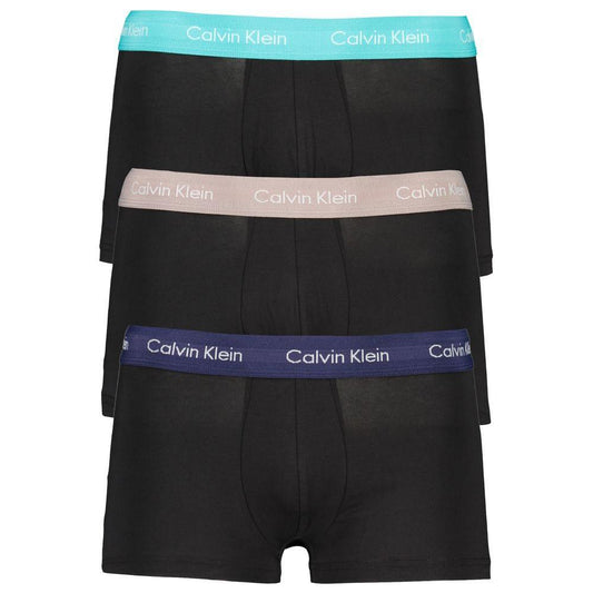 Calvin Klein black cotton underwear tri-pack with elastic waistbands in assorted colors, featuring the brand logo on the waistbands.