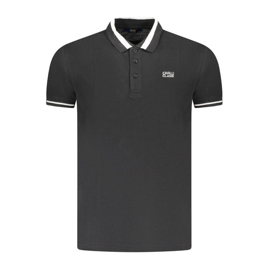 Cavalli Class black cotton men’s polo shirt with contrast buttons and embroidered logo, offering sleek sophistication and comfort.
