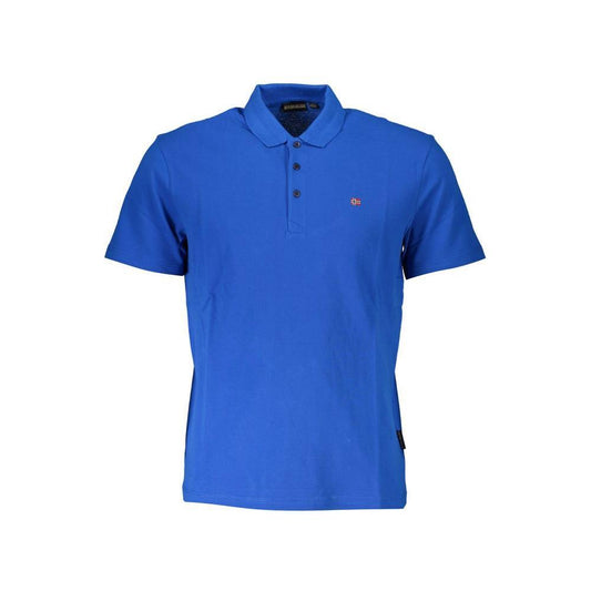 Napapijri elegant short-sleeved blue cotton polo with three-button placket and logo embroidery; regular fit; versatile style.