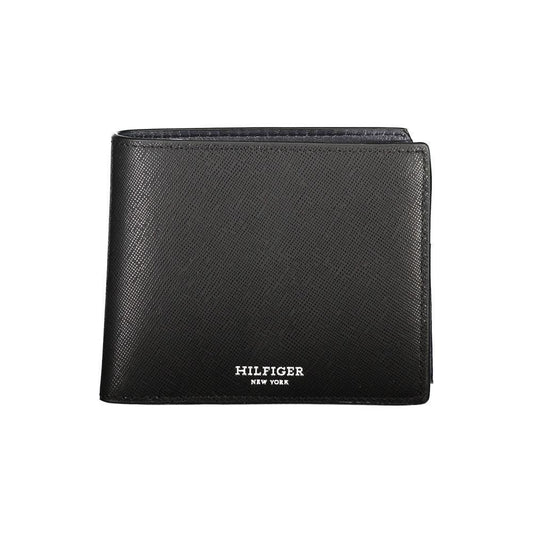 Tommy Hilfiger black leather wallet with two compartments, coin purse, card slots, contrast details, and logo