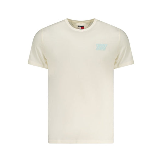 Tommy Hilfiger beige cotton men's T-shirt with crew neck and short sleeves, featuring bold print and iconic logo, made from 95% regenerative cotton.