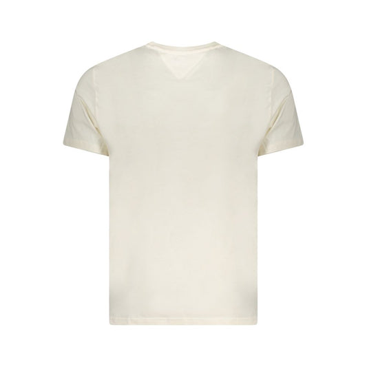 Back view of Tommy Hilfiger beige cotton men's T-shirt showcasing simple design and short sleeves for casual style.