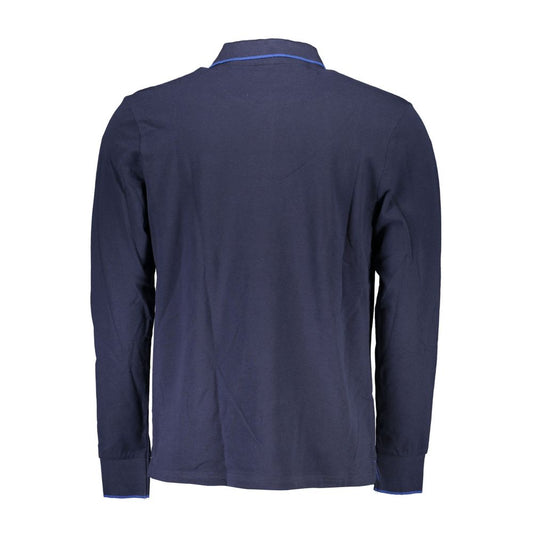 Rear view of North Sails blue long-sleeved cotton men’s polo shirt with contrast details and eco-friendly design.