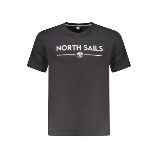 North Sails black cotton men's t-shirt with logo, crew neck, short sleeves, and distinctive print. Ideal for stylish, everyday wear.