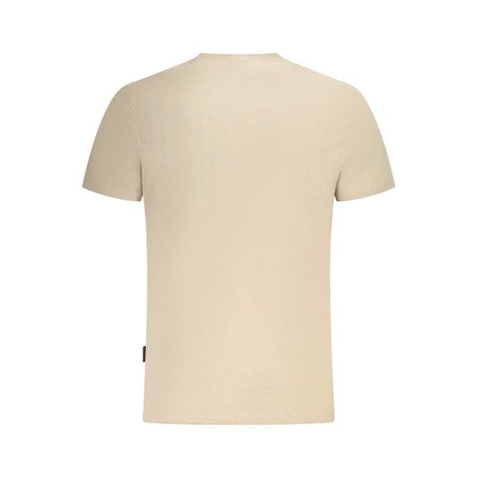 Back view of Napapijri beige cotton men's T-shirt showcasing classic short sleeves and soft fabric for comfortable wear.