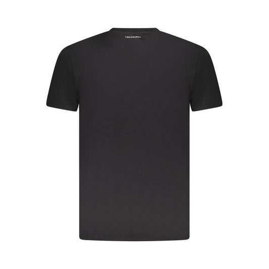 Back view of Trussardi black cotton men's T-shirt with logo, showcasing urban elegance and luxury fabric.