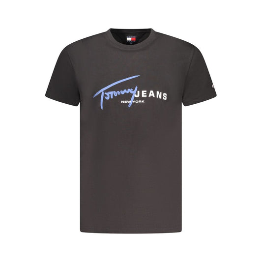Tommy Hilfiger black men’s T-shirt with logo, featuring 95% regenerative cotton for sustainable fashion and classic preppy style.
