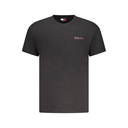 Tommy Hilfiger black cotton men's T-shirt with short sleeves and logo print. Classic crew neck design, crafted from 95% regenerative cotton.