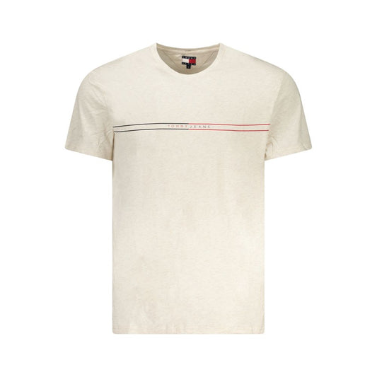 Tommy Hilfiger beige cotton men's t-shirt with crew neck, bold print, and logo, offering style and sustainability.