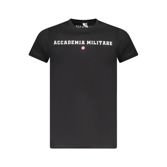 Accademia Militare black cotton t-shirt with short sleeves, crew neck, and logo print. Perfect for casual wear and style.