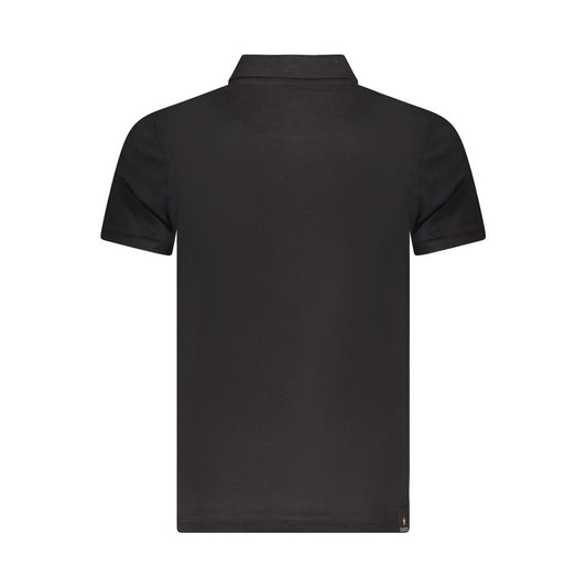 Back view of Accademia Militare black cotton polo shirt with short sleeves, eagle ball print, and 3-button design showcasing logo.